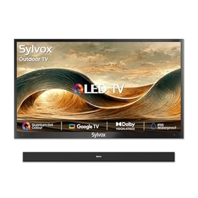 SYLVOX Outdoor TV with Soundbar, 43 inch 4K QLED Smart TV, Weatherproof Outdoor TVs Support Google Assistant, Wide Viewing Angle, IP55 Waterproof, 1000 Nits Partial Sun QLED Outdoor TV(2024 Model)