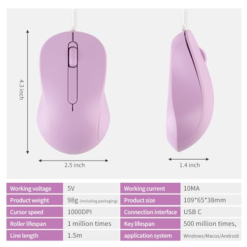 Ratón con cable tipo C ergonómico para evitar dolores de muñeca en portátiles morado 6