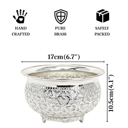 Image of Decorative Brass Chitai 7 inches German Silver Urli Center Table Flower Bowl | Urali for Mandap, Haldi, Mehendi, Wedding, Reception Decor | Small Size | 1000ml