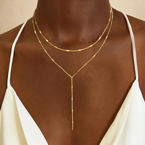 Lariat Gold Necklace for Women, Dainty Long Necklace 14k Gold Plated Y-Shaped Necklace Trendy Layered Bar Paperclip Link Beaded Chain Necklaces Simple Gold Jewelry for Women Gift3