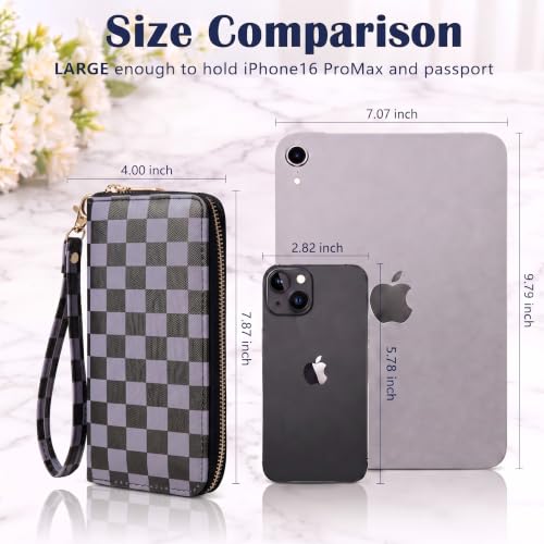 Image of Purple Checkered Wallet for Women, Zip Around Wristlet Wallet