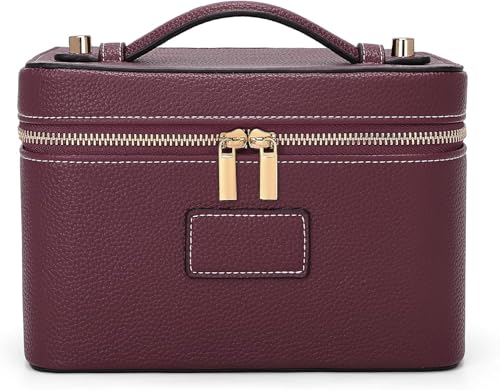 Starnearby Trousse de Maquillage en Cuir Femme, Trousse de Toilette Voyage avec Compartiments Amovibles, Pochette Rangement Maquillage Portable, Trousse Cosmétique Femme (Bordeaux)