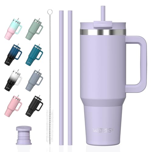 WATERSY 1.2L Thermobecher mit 2 Strohhalmen Trinkbecher Auslaufsicherer Kaffeebecher To Go Vakuum-Isoliert mit BPA frei Schraubdeckel Trinkflasche Kühlt 12 Stunden Lila