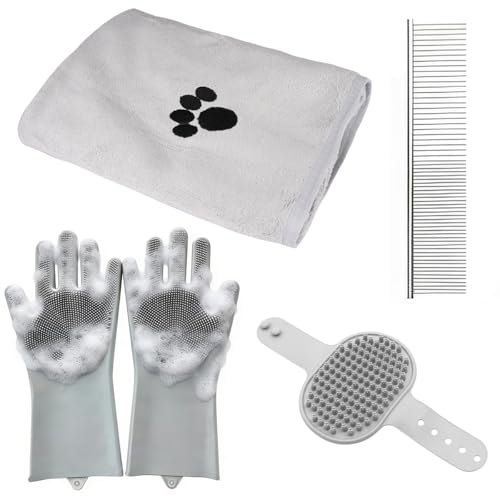 Set di Lavaggio per Cani, 4 in 1 Kit da Bagno Cani con Asciugamano Microfibra, Guanti da Lavaggio, Spazzola da Bagno per Cane, Pettine in Metallo, Accessori per la Cura Degli Animali Domestici