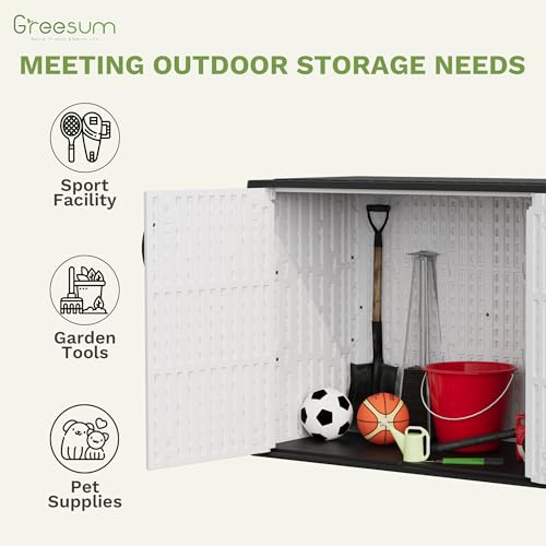 Image of Greesum Outdoor Storage Cabinet, 26 CUFT Deck Box Without Shelves, Waterproof Plastic Storage Shed for Patio Cushions, Gardening Tools, Sidehandles and Lockable, UV Resistant, White