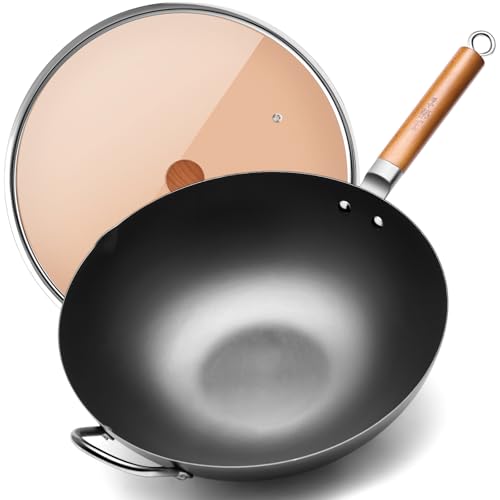 WANGYUANJI Carbon Steel Wok 14.2', Large Nitriding Flat Bottom Stir Fry Pan with Lid, No Chemical Coating Rust Resistant Iron Skillet for Induction Electric Gas Stoves, Big Capacity Serves 6+