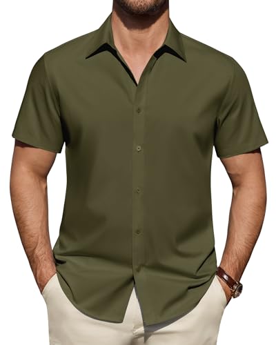 Lusead Army Green Mens Dress Shirts Stain Resistant Short Sleeve