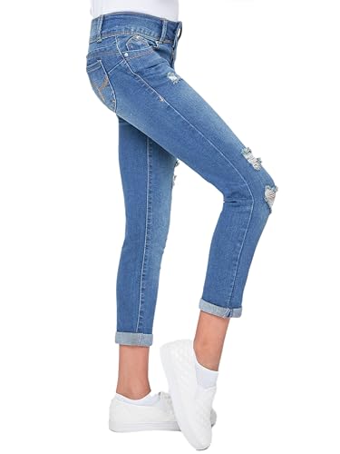 YMI Jeans Girls Sustainable WannaBettaFit 2-Button Double Cuffed Skinny Jeans, Tinted Blue Rips, 102