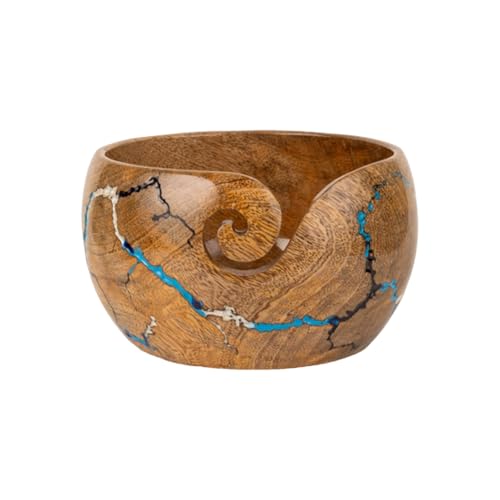 Image of Wooden Yarn Bowl for Crocheting, 7x4 inch Large Crochet Holder Gift Accessories and Knitting Gadgets Supplies Handcrafted with Mango wood Fractal Burning & Blue,White,Black Resin Inlay (M-Multi)