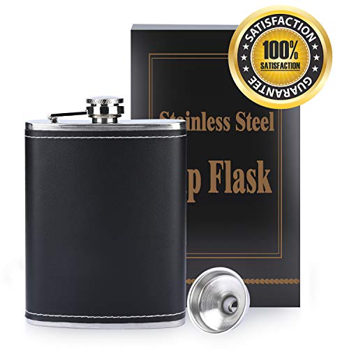 TRUSBER 8oz Hip Flask with Black Leather Cover and Funnel,304 Stainless Steel Leak