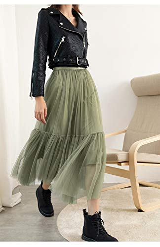 WJFGGXHK Lang Damen Röcke, Lässige Elastische Taille Mesh Midirock Mid-Calf Loose Female Maxirock Wild Elegant Plissee Lady Casual Rock Grün Herbst Winter Bottoms Office Party Travel, One Size Cover
