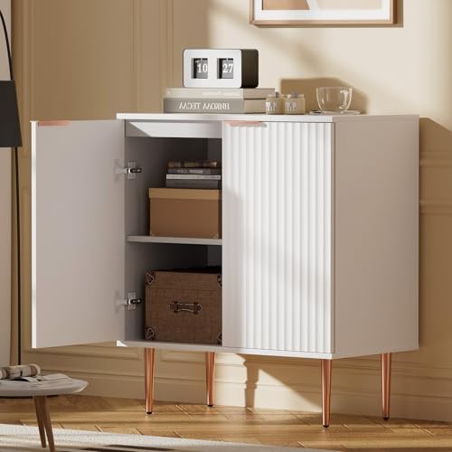 EOYUTLLY White Fluted Buffet Storage Cabinet,Wood Sideboard Buffet Cabinet with Adjustable Shelf & Rose Gold Colored Metal Legs, Accent Cabinet for Living Room,Kitchen, Assemble Easily - Image 7