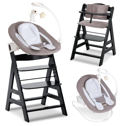 hauck Alpha Plus Newborn Set Deluxe Trona Evolutiva Bebe con Hamaca, Cojín y Arnés - Hamaca Alta Reclinable desde el Nacimiento - Silla Madera Niño Regulable - Tronas Infantiles de Madera - Negro