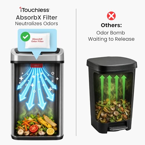 Image of iTouchless 13 Gallon Oval Sensor Trash Can with Odor Filter, Fingerprint-Proof Stainless Steel, 50 Liter Automatic Kitchen Garbage Bin, Smart Hands-Free Motion Lid, Quiet Soft-Close, Brushed Silver