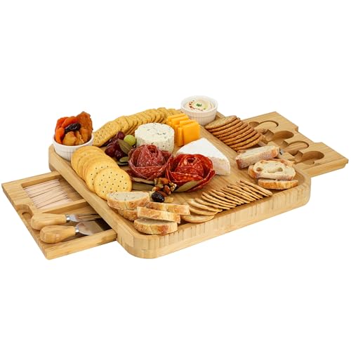 Elama Bamboo Wood Charcuterie Cheese Board Serving Set with Ramekins, Rustic Serving Tray for Parties, Holidays & Entertaining (7 Piece with Storage)