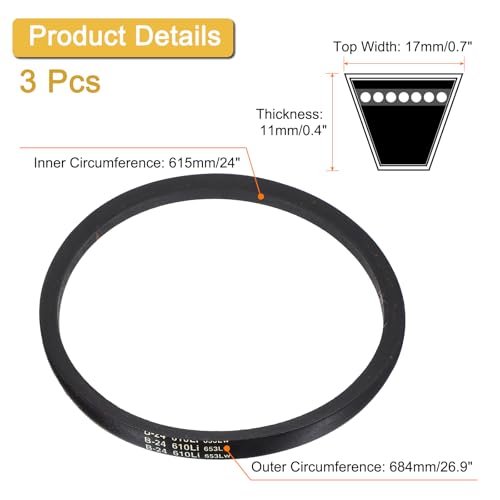 Image of Uxcell 3 Pack B24 Classic Wrapped V-Belt, 27 inch Outside Circumference, Black Rubber Industrial V-Belt