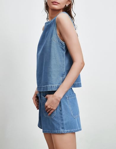 Image of Kedera Summer Denim Set for Women 2 piece Casual Sleeveless Boxy Shirt Tops and Shorts Pants Lounge Sets Outfits