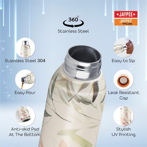 Image of Jaypee Plus Punch Prime Stainless Steel Printed Vacuum Insulated Water Bottle 500 ml | ISI Certified Rustproof & Leakproof Flask with 24Hrs Hot & Cold Ideal for School Kids, Office & Travel -(Cream)