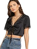 Verdusa Women's Lace Trim Tie Front Short Sleeve Satin Crop Tee Top Black S