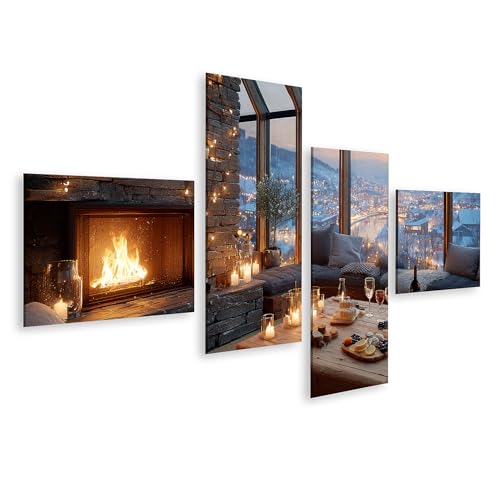 islandburner Cuadro sobre lienzo con chimenea y velada de vino, 4 piezas, edición L1