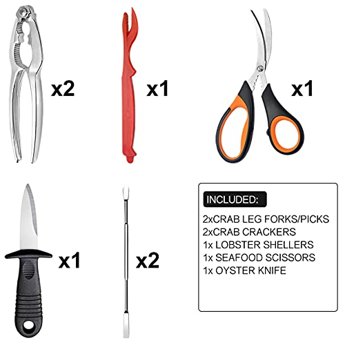 Obecome 7-piece Seafood Tools Set includes 2 Crab Crackers, 1 Lobster Shellers, 2 Crab Leg Forks/Picks, 1 Oyster Knife and 1 Seafood Scissors - Nut Cracker Set