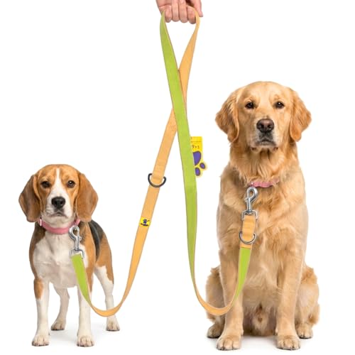 Image of A+a Pets' Multi-Function Cotton Leash to Walk 2 Dogs | Long, Short, Hands Free, Traffic, Running, Walking | Adjustable, Soft Comfortable (Mango & Green)