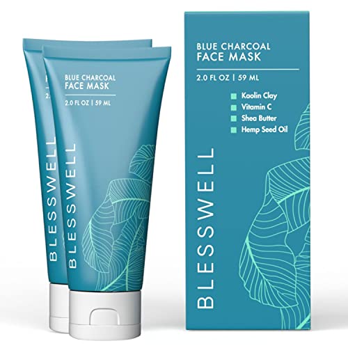 Blesswell Blue Charcoal Face Mask - Men's Natural Cleansing Skincare - Pore Reducing, Skin Hydrating, Brightening, Clay and Charcoal Facial Mask, For All Skin Types - Blackheads, Acne, Oily or Dry Skin (2-Pack)