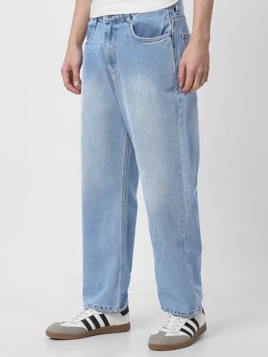 Image of Neostreak Men's Loose Baggy Fit Heavy Washed Jeans Non-Stretchable