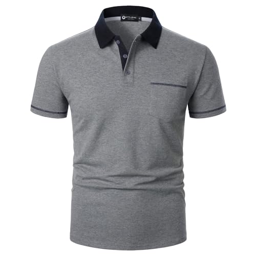 STTLZMC Camisa Polo Elegante para Hombre con Bolsillo en el Pecho, Cuello de Canalé Contraste y Botones de Color Sólido - Tejido Transpirable y Suave, Ocasional y Oficina 86 Gris L