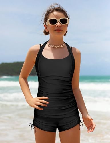 Image of Girls Swimsuit 2 Piece Halterneck Girls Tankini Swimsuit Drawstring Printed Swim Shorts Girl Bathing Suit for 7-18T