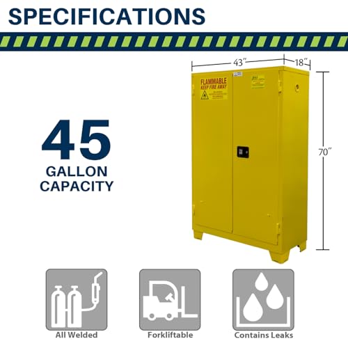 Image of Jamco 45 Gallon Flammable Safety Cabinet, Steel Flammable Storage Cabinet with Lockable Manual Closing Doors, Forkliftable, 43 inch x 18 inch x 70 inch, Yellow