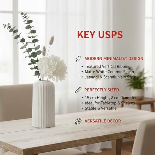Image of KREATIVE ART'S Ribbed Pipe Ceramic Vase for Flowers, Pampas Grass | Decorative Home & Office Centerpiece Gift - No Flowers- (White, 6 Inch)