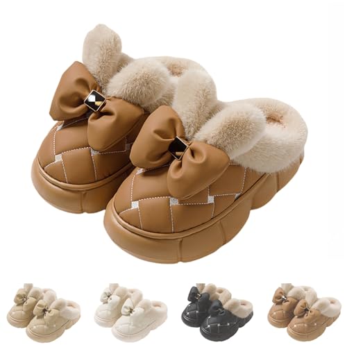 Women's Cute Bowknot Design Plush Lined Slipper, Winter Warm Fleece Lined House Shoes, Non-Slip Thick Sole & Waterproof