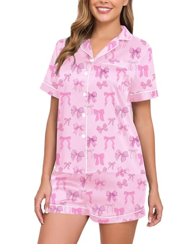 Image of Veseacky Women Satin Pajamas Set 2 Piece Button Down Short Sleeve Soft Sleepwear with Pockets