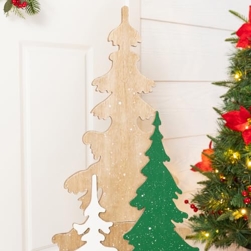 Image of Glitzhome 35.5 inchH Wooden Christmas Tree Porch Sign,Standing Porch Decor with Reindeer and Pinecone,Merry Christmas Welcome Sign for Holiday Front Porch Outdoor Decorations