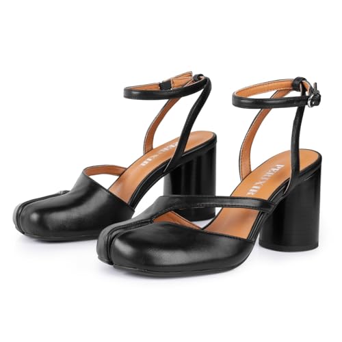 perixir Black Tabi Shoes Heeled Sandals with Block Heel Elegant Closed Split Toe Slingback Heels with Ankle Strap Retro Strappy 3.27-inch High Heel for Office Dance Evening
