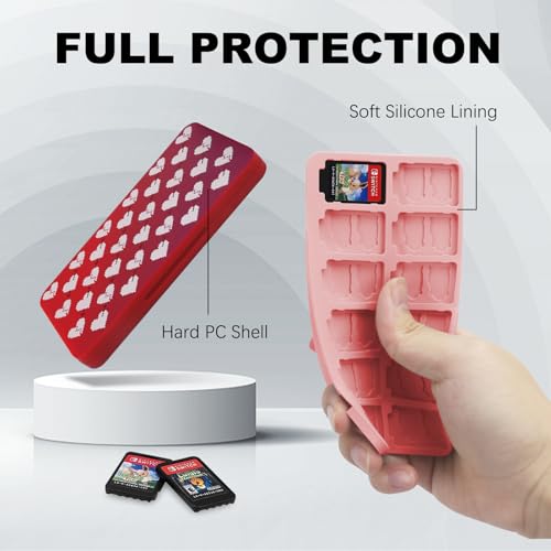Image of FYY Nintendo Switch Game Case Holder for Switch 2 Cartridge Case with 24 Game Card Slots & 48 Micro SD Card Slots, Hard Shell, Silicone Lining Heart Pattern Red
