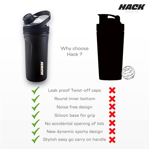 Image of Hack Athletics Premium Stainless Steel Insulated Shaker Bottles for Gym, Protein Shaker, Pre Workout Bottle, Water Bottle for Men and Women, BPA Free Material 100% Leakproof | 709ML (Black)