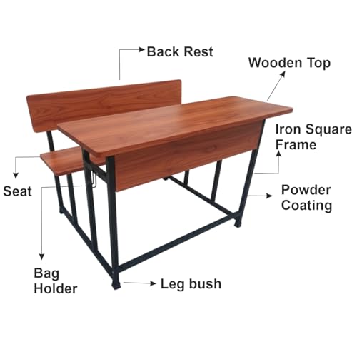 Image of ALKOSIGN Student Classroom Bench Without Shelf - Prelam Particle Board Natural Teak Top with Black Powder Coating (90 CM) | Durable, Ergonomic Seating for 2 Students | Ideal for Study, Classroom