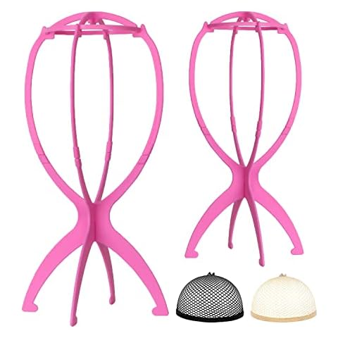 WXYYKX 2x Zerlegbarer Perückenständer Tragbares Perückenhalter Set Wig Stand 35cm Hoch/inkl. 2 Perückenkappen -rosa Cover
