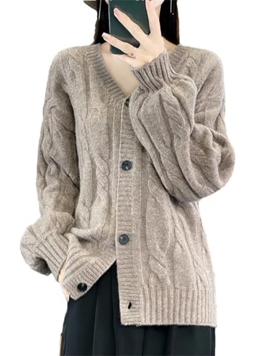 Women Cable Knit Sweater 100% Merino Wool V Neck Cardigan Coat Flower Twisted Jumper Tops﻿