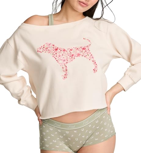 Victoria's Secret PINK Women's Fleece Off The Shoulder Sweatshirt, Winter White, (S) - image 1