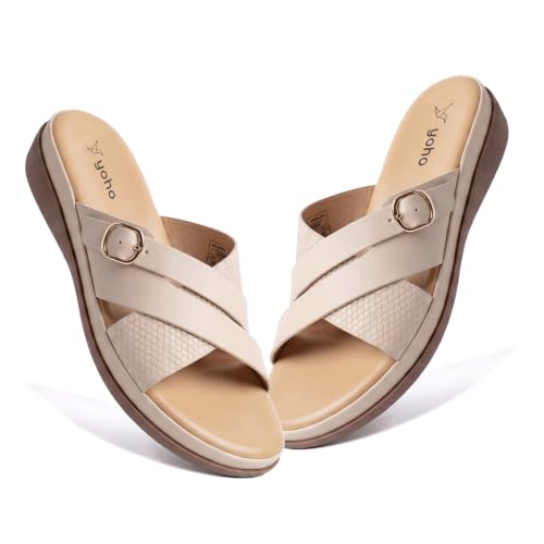 Image of YOHO Evergreen Slides Cross Strap Sandals for Women | Stylish, Comfortable Orthopedic & Anti Skid | Office, Summer, Beach, Casual Wear Flats for Ladies /Girls