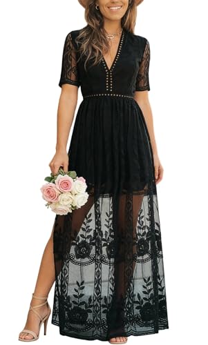Image of LRISES Womens V Neck Floral Embroidered Lace Wedding Maxi Dress Boho Short Sleeve Slit Bridesmaid Evening Party Dresses