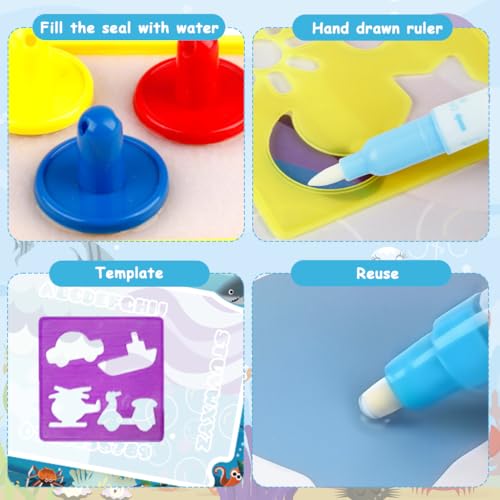 Image of Magic Water Doodle Mat for Kids, Reusable Cartoon Toddler Alphabet Practicing Writing Board with Water-Based Pens, Templates, Guiding Book, Shape Models (60 * 40cm Deep-Sea Animals)