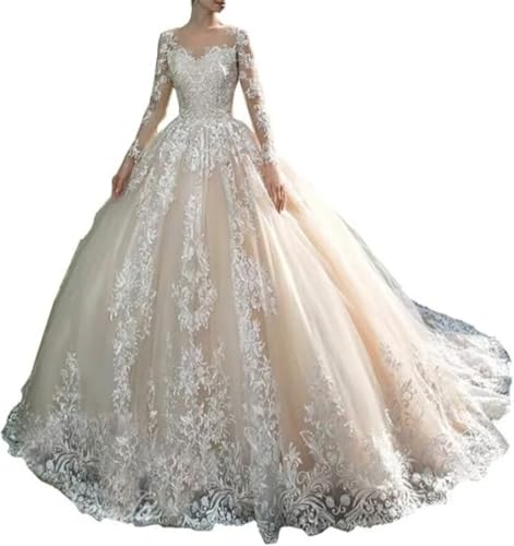 AngelaBride Vestido de noiva Illusion manga comprida de renda ves...