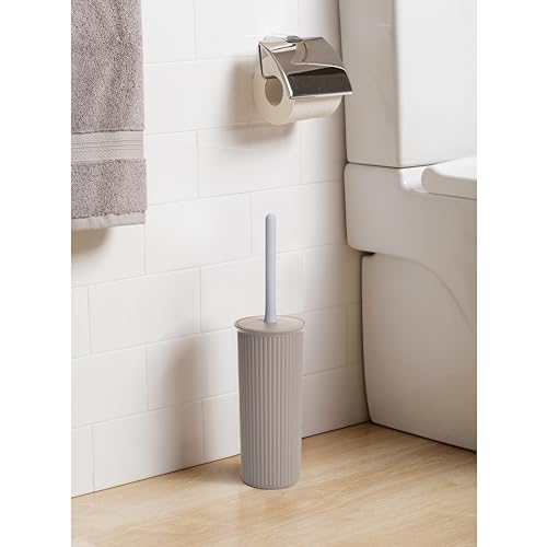 Image of Superio Ribbed Collection - Decorative Plastic Toilet Bowl Brush and Holder Set, Taupe (2 Pack) Cleaner Scrubber for Bathroom
