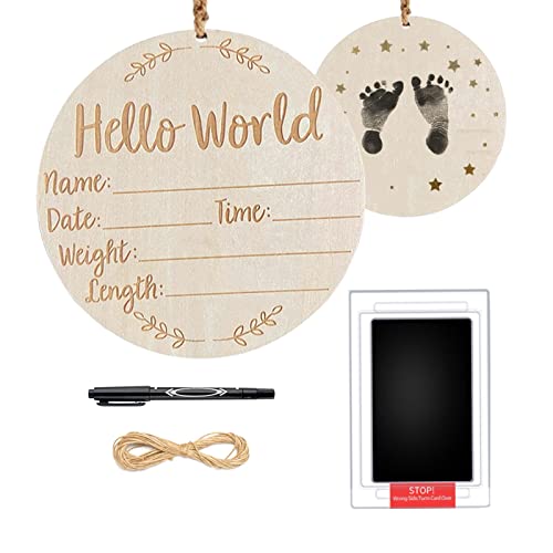 Image of Goxozzy Baby Announcement Sign, Double Side Wooden Birth Announcement Sign for hospital Hello World Newborn Sign with Ink Pad for Baby Hand and Footprints Baby Photo Props for Newborn Boys and Girls