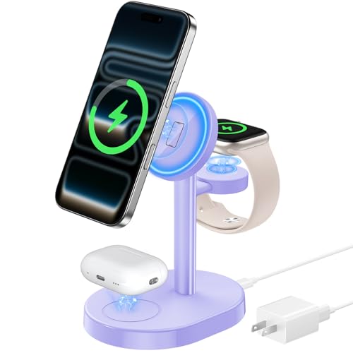 Hevanto 2026 MagSafe充電器 3in1 ワイヤレス充電器 Qi認証 極小 15W急速充電スタンド iPhone 17/17e/16/15/14/13/12 Watch AirPods対応 マグセーフ充電器 3台同時充電 まぐせいふ強力磁気 超低温 超軽量 置くだけ充電 卓上すっきり 省スペース アダプター付属 ラベンダーの商品画像（Amazon）