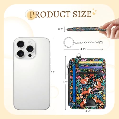 Image of Kelvoris Cute Fox Flowers Credit Card Holder Small Wallet Women, Slim RFID | Keychain, Zipper Coin Pocket, Front Pocket Thin Travel Card Case, Minimalist, 6 Card Slots, 1 ID Window, Ladies Gifts Woman